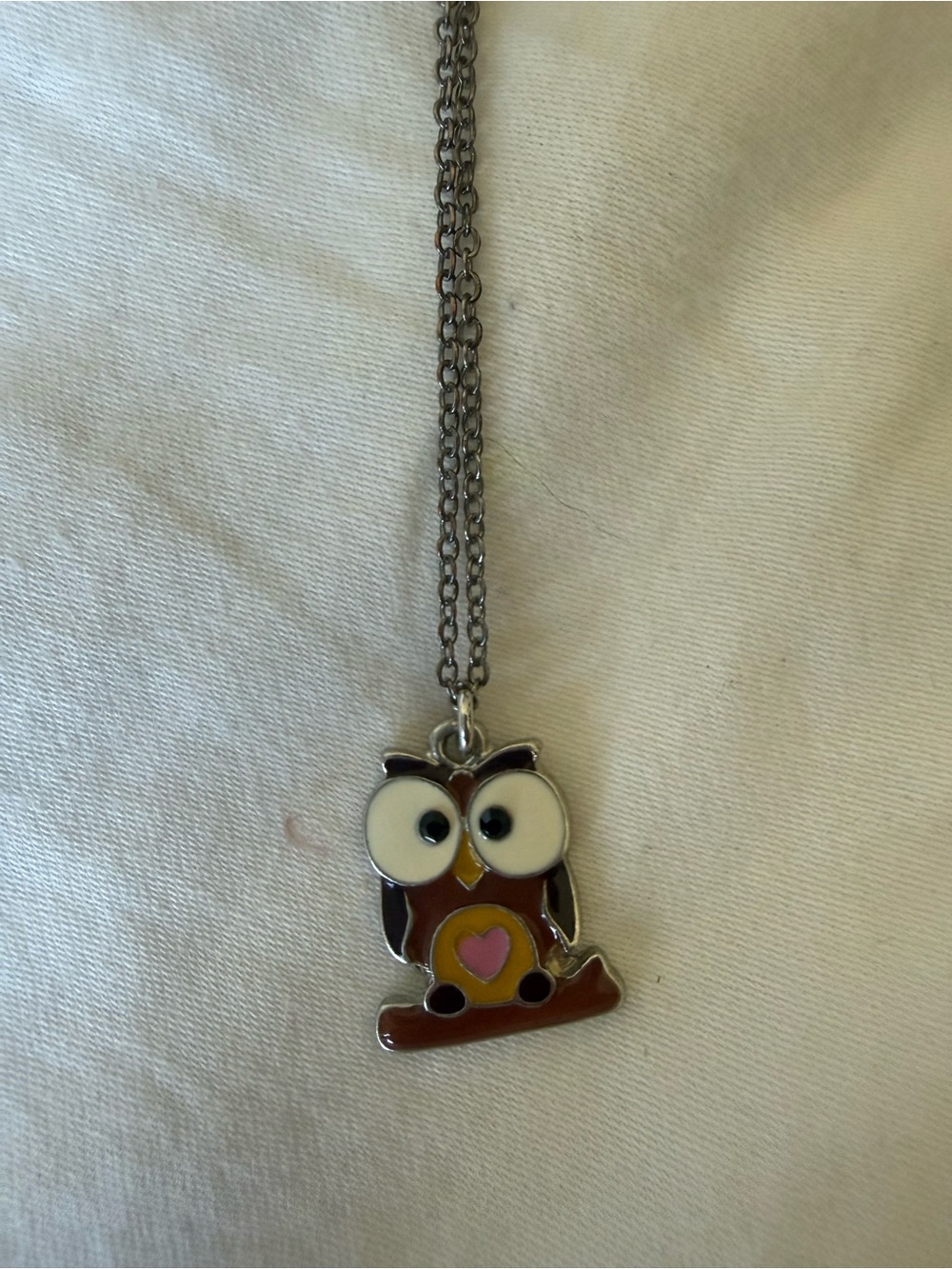 Kids Silver Owl Pendant Necklace with Brown and Pink Accents